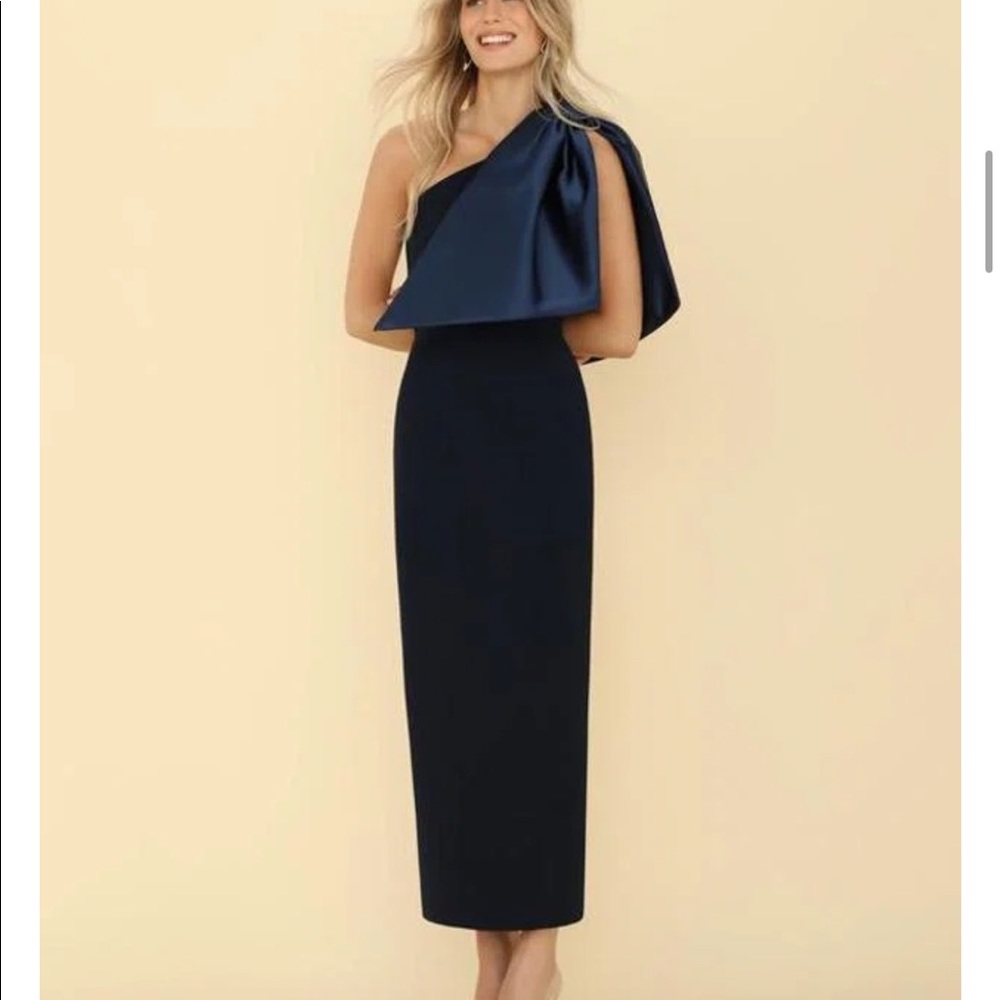 Victoria Collection Viral Navy One Shoulder Midi Dress with Satin Bow Accessory